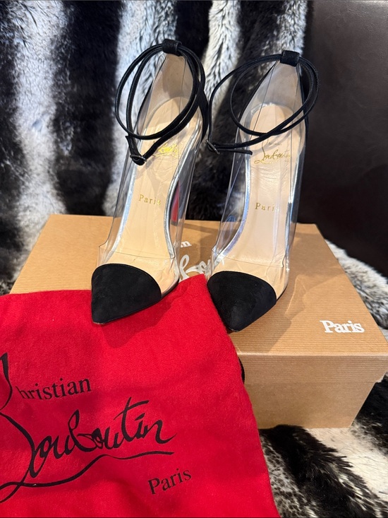 Christian Louboutin Black Pointed PVC and Suede Ankle-Tie Pumps-Size 35